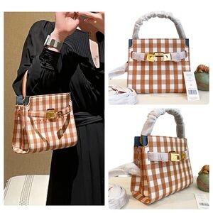 Tory Burch Brown and White Checkered Crossbody Bag